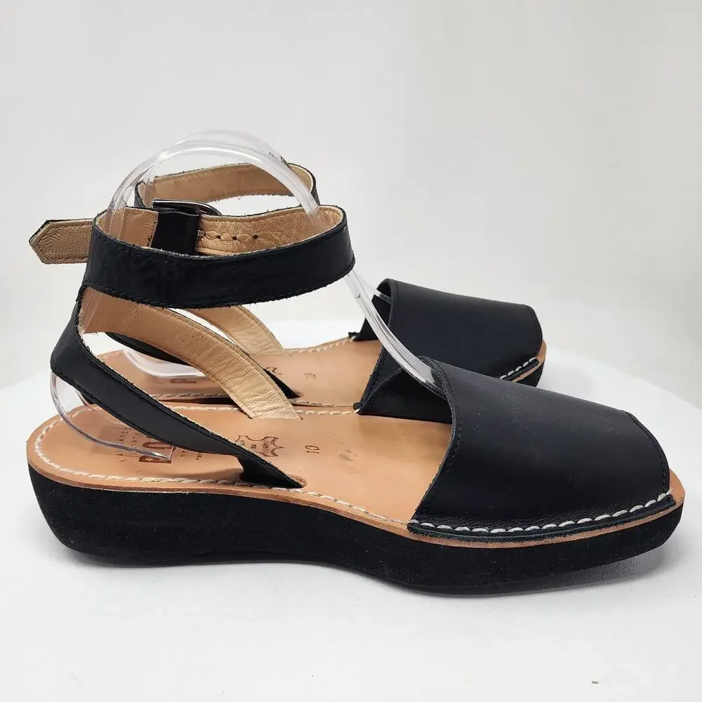 PONS Mediterranean Avarca Sandals Black Leather Adjustable Ankle Strap 524 - Picture 8 of 14